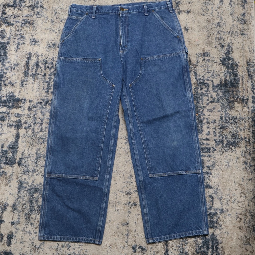 Y2K Carhartt Double Knee Jeans Men's 38X30 Blue B73 DST Workwear Dungaree Fit